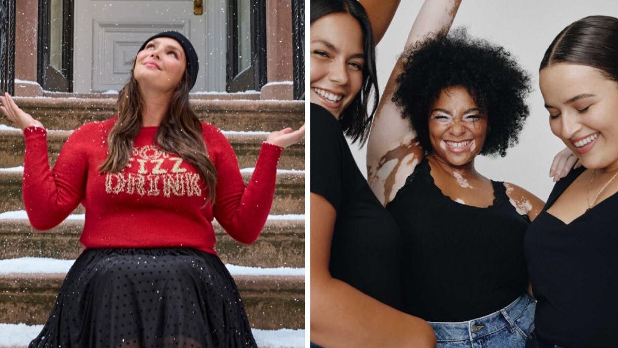 A woman wearing clothing from Torrid. Right: Women wearing clothing from Penningtons.