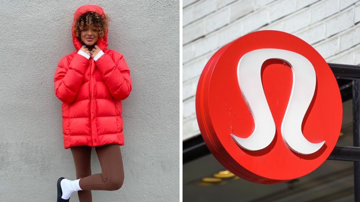 A woman wearing Lululemon. Right: A Lululemon sign.