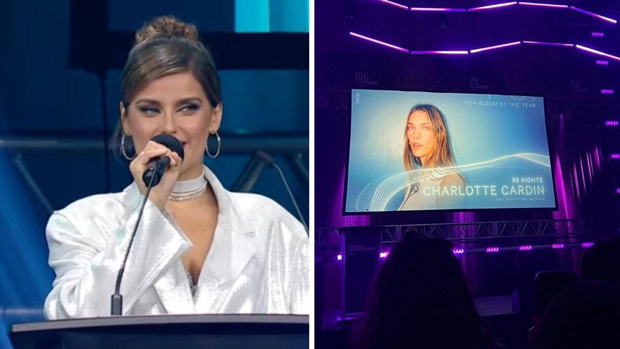 A woman wearing white and speaking into a microphone. Right: A photo of a woman on a screen.