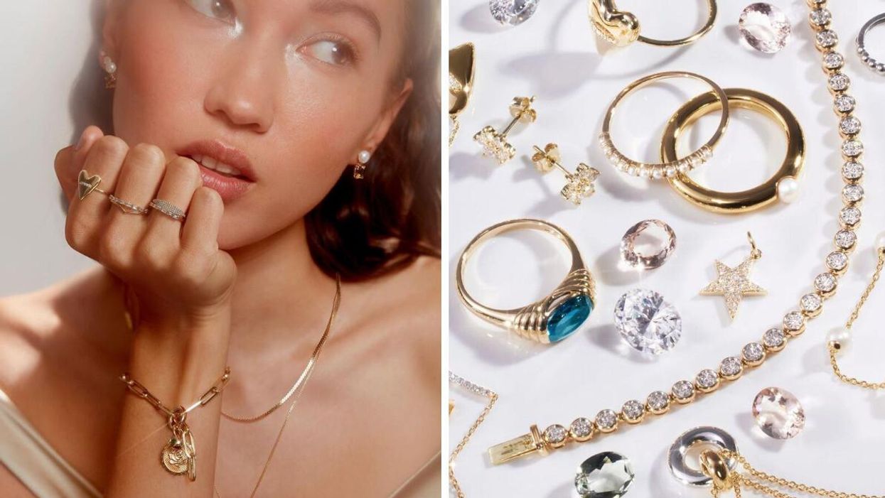 A woman wears Mejuri jewelry. Right: An assortment of Mejuri jewelry. 