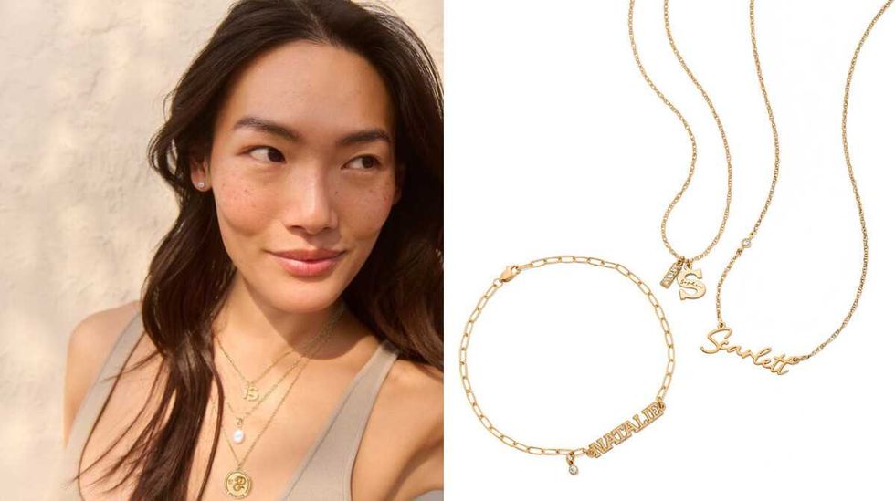 A woman wears three necklaces, one of which is her initials. Right: Two personalized necklaces and a personalize bracelet.