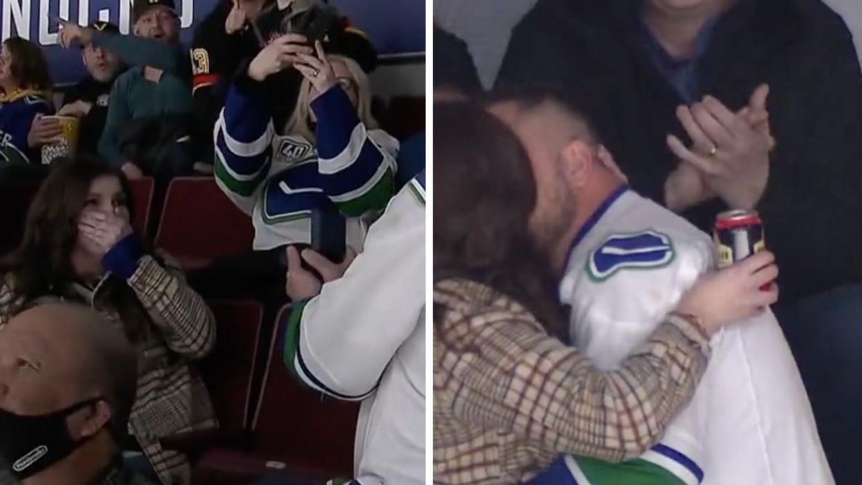 A woman who looks shocked as her boyfriend proposes. Right: A couple kissing.