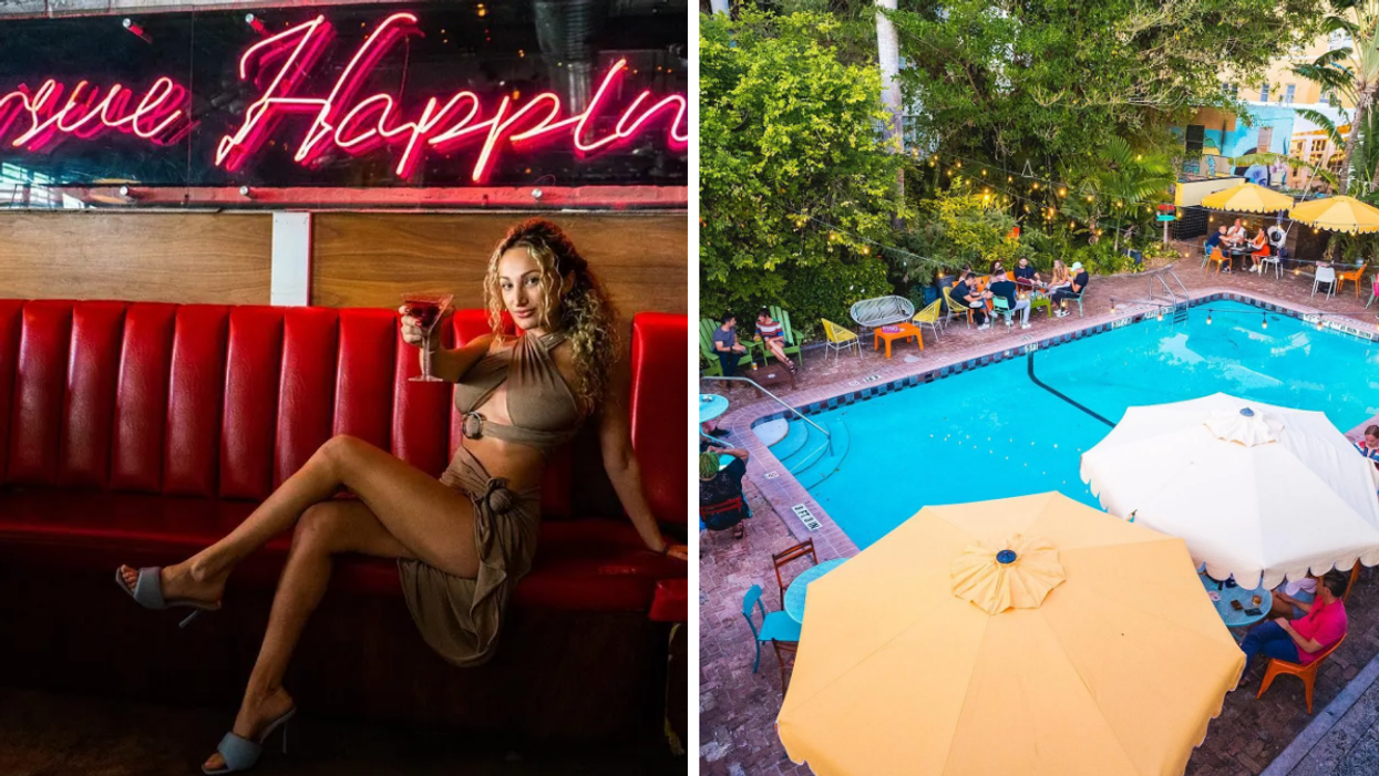 A woman with a drink sitting inside Sweet Liberty. Right: The patio of Broken Shaker in Miami.