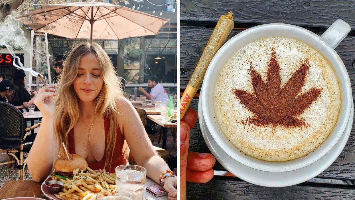A woman with a joint and a burger dish at a cannabis café in West Hollywood. Right: A joint next to a latte with a hemp leaf design at Seed and Bean Market in Florida.