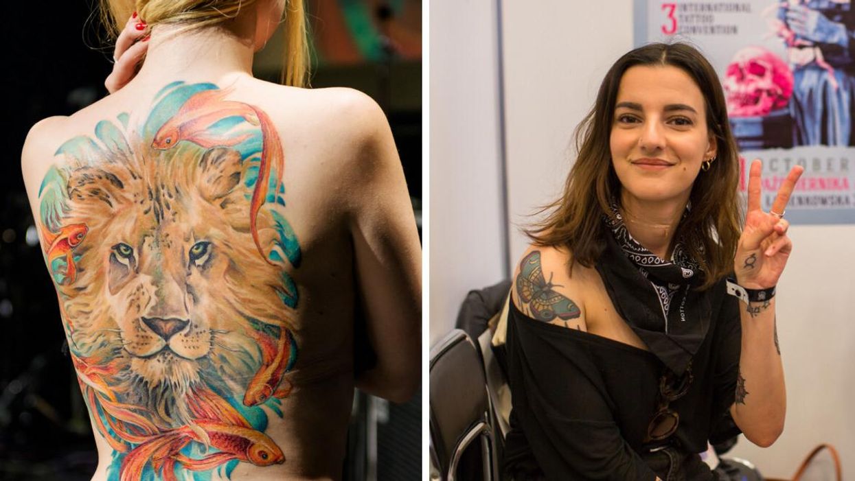 A woman with a lion tattoo. Right: A woman shows off her butterfly tattoo.
