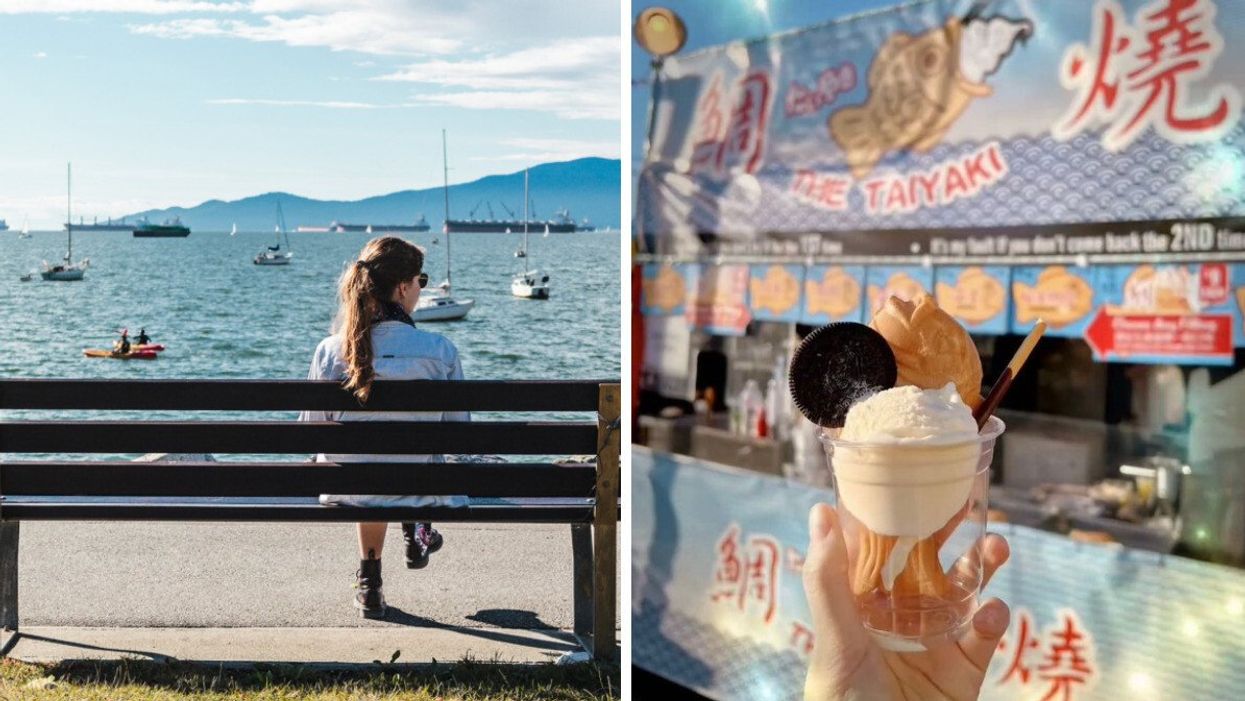 A woman with a pony tail and sunglasses sitting on a bench looking at the boats in the water. Right: A person holding up a dessert of ice cream and cookies at a food market.