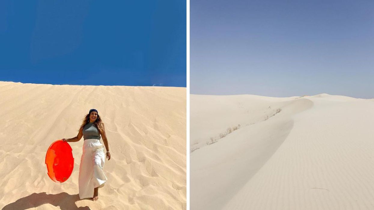 A woman with a sand disk at Monahans Sandhills State Park. Right: A sand dune at Monahans Sandhills State Park.