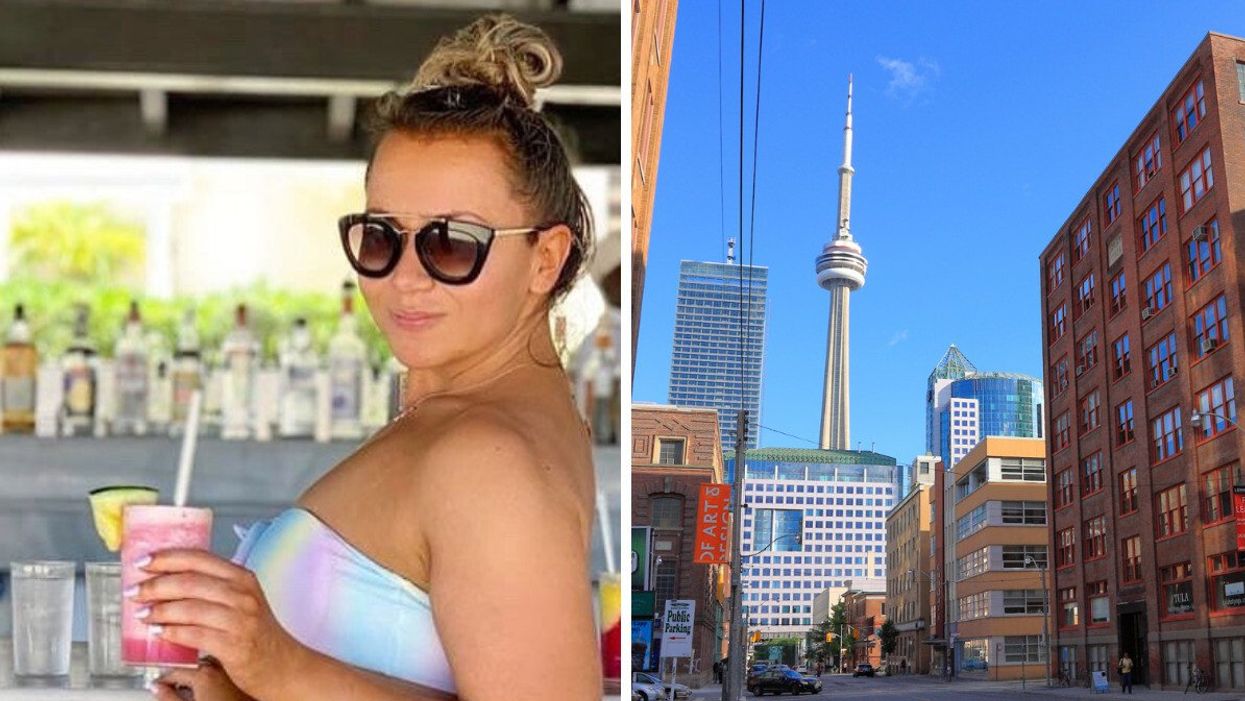 A woman with a spray tan from Beloved Tan. Right: The CN Tower in Toronto.