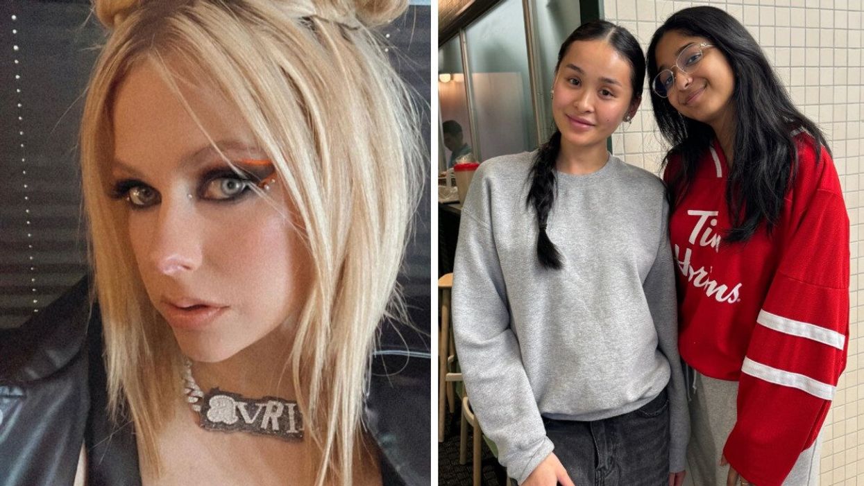 A woman with blonde hair and an Avril necklace looking into the camera with a serious expression. Right: Two women standing together smiling for the camera.