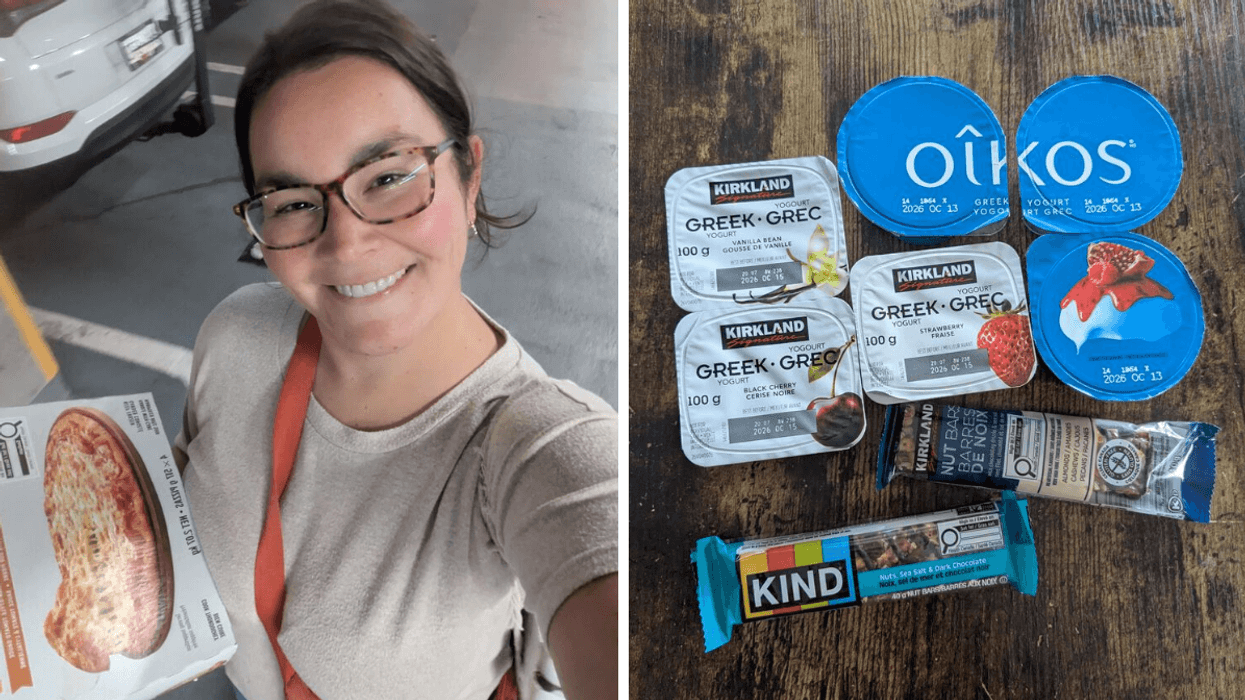 A woman with dark hair and classes holding a frozen pizza box; Right: yogurt containers and granola bars on a table