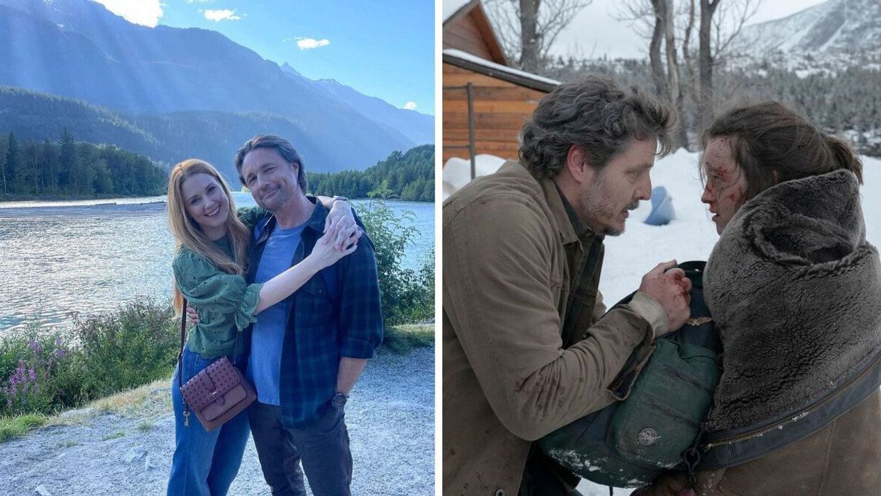 A woman with her arms around a man who is smiling with a lake and mountains behind them. Right: A man holding a backpack and looking at a girl with a serious expression on his face.
