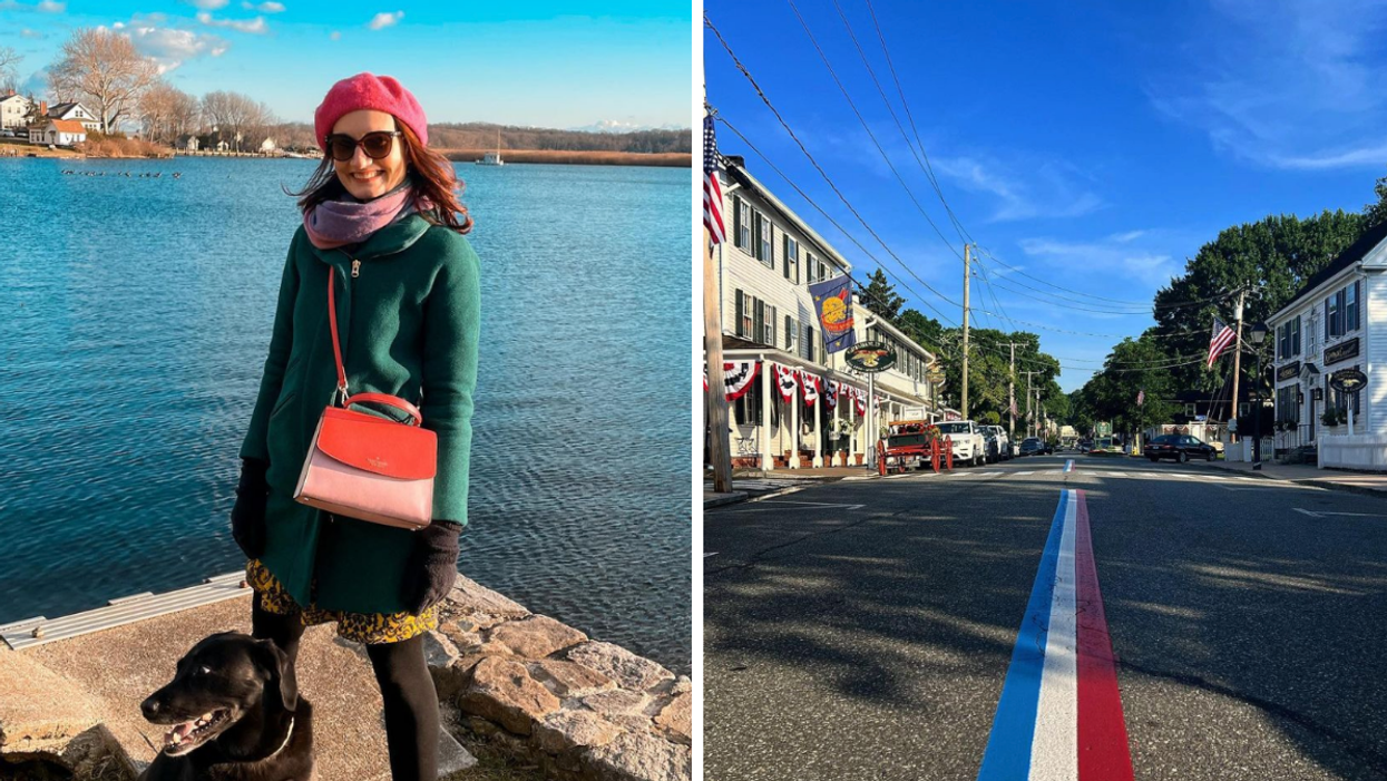 A woman with her dog in Connecticut. Right: A town in Connecticut.