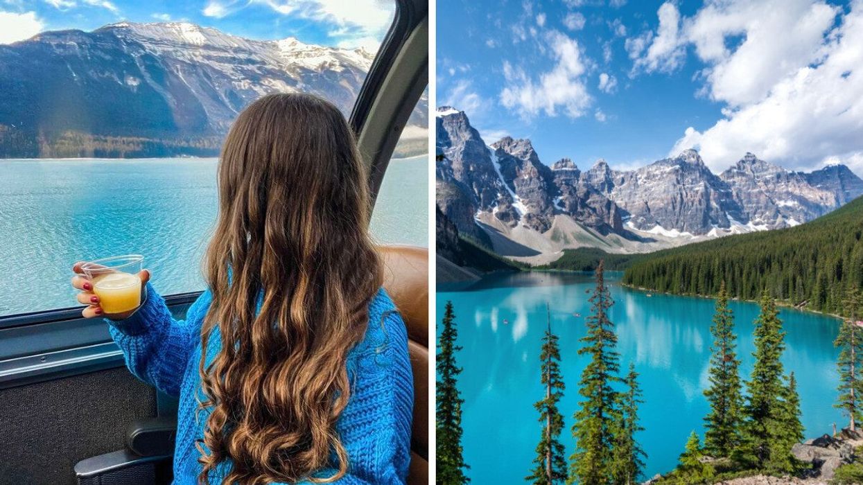 A woman with long curly hair wearing a blue sweater and holding a cup of juice on a train and looking out the window. Right: A turquoise lake with trees and mountains surrounding it.