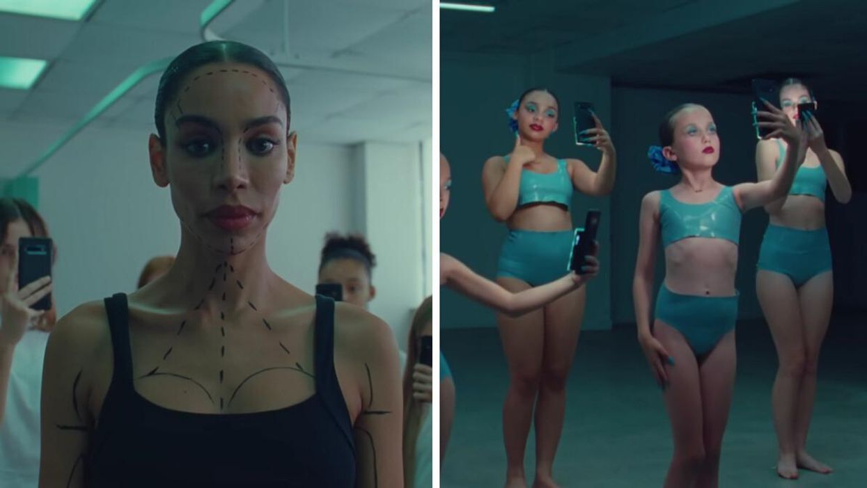 A woman with markings for plastic surgery. Right: Girls posing for selfies.