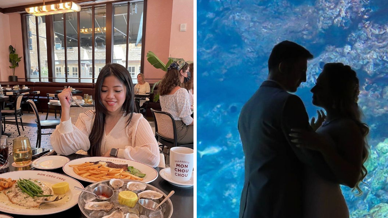 A woman with plates of a food in front of her. Right: A couple in front of an aquarium tank.
