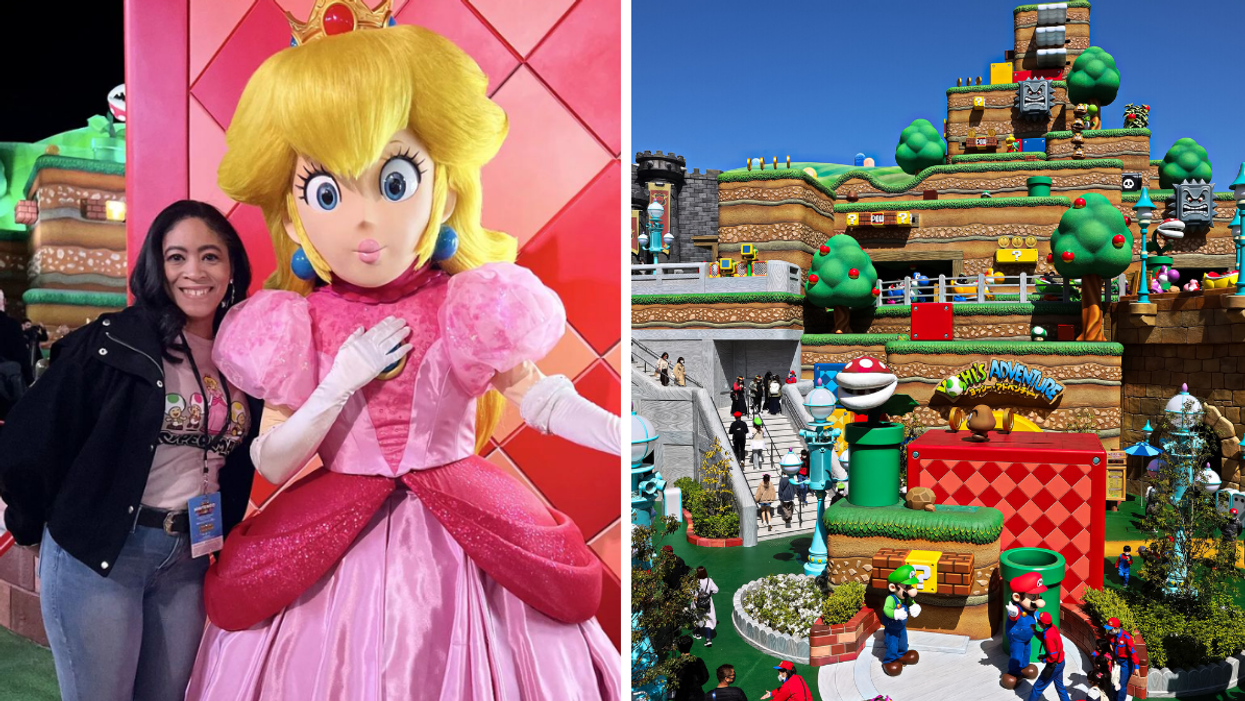A woman with Princess Peach. Right: Super Nintendo World in Japan.