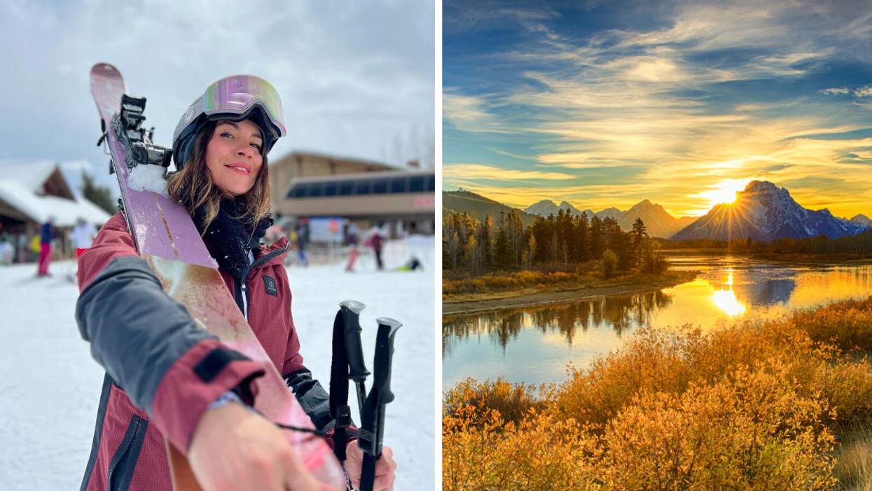 A woman with ski's in her hand. Right: Grand Teton National Park.