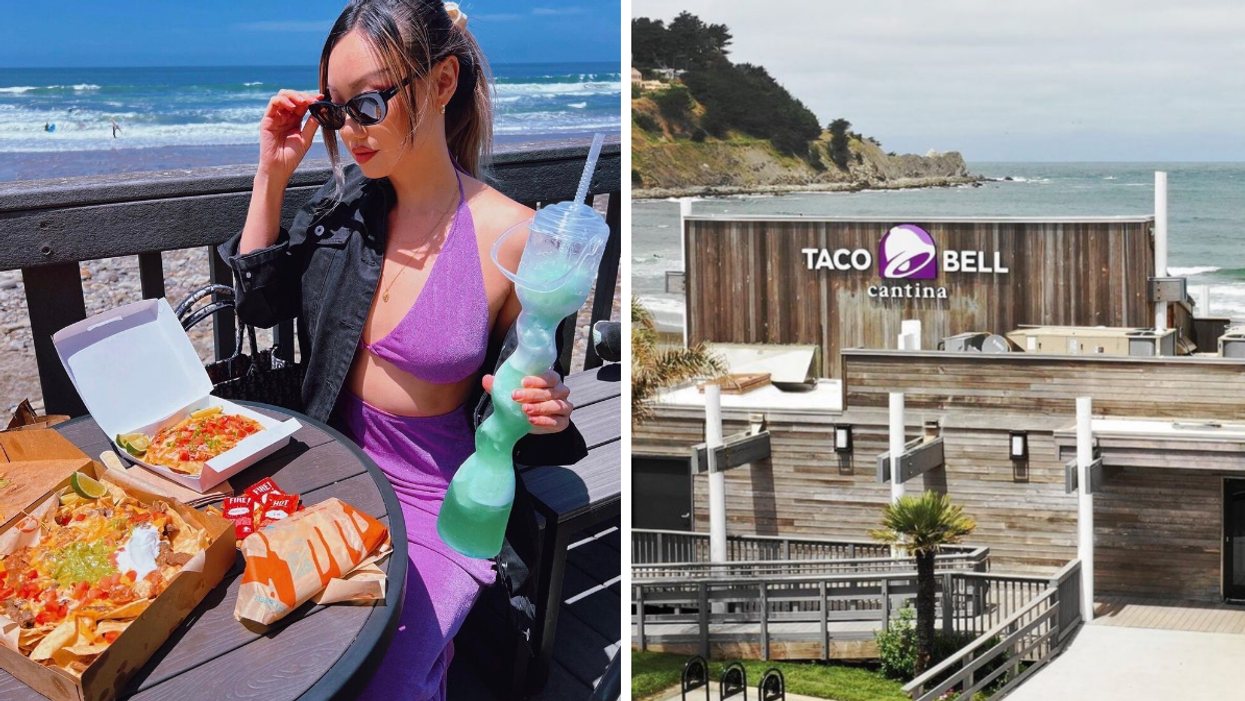 A woman with Taco Bell food in front of a beach. Right: The Taco Bell Cantina in Pacifica, CA.