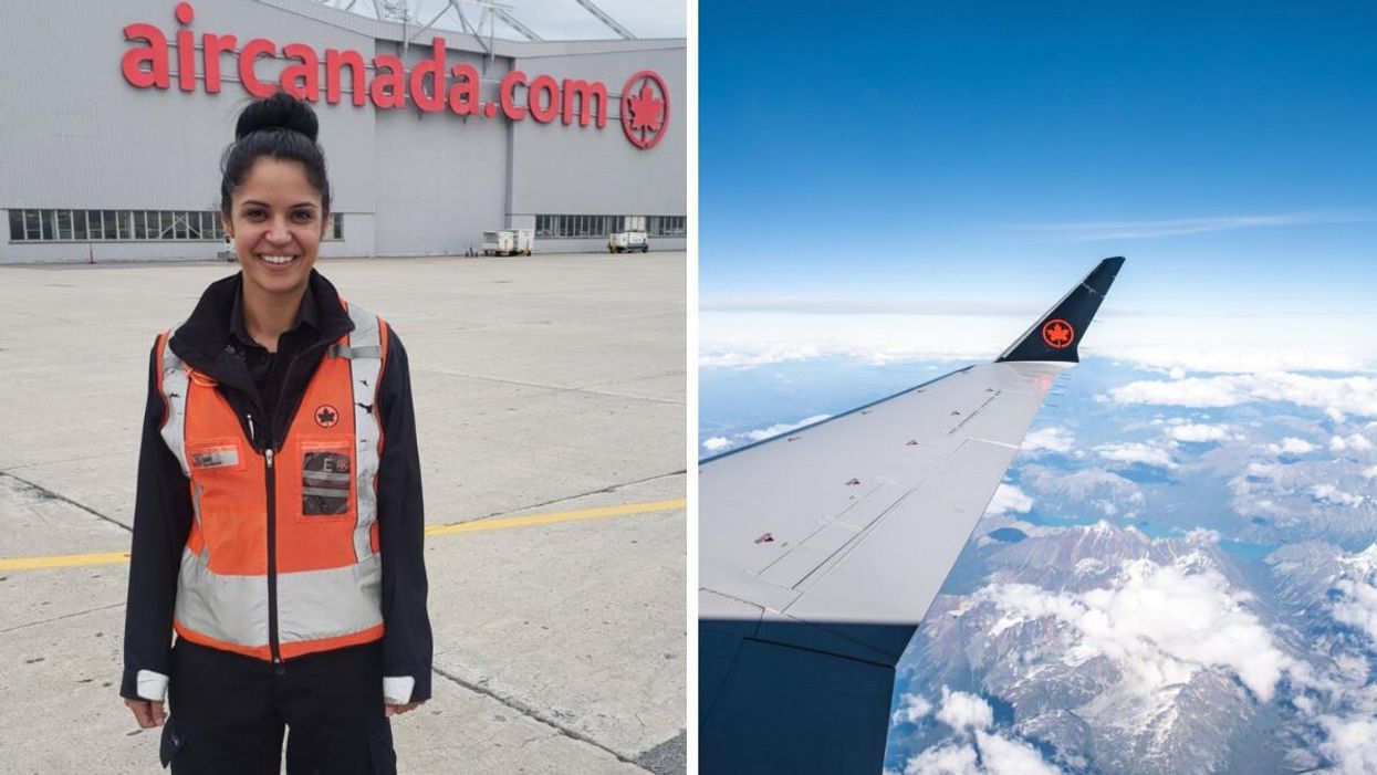 A woman working for Air Canada. Right: Air Canada plane wing.