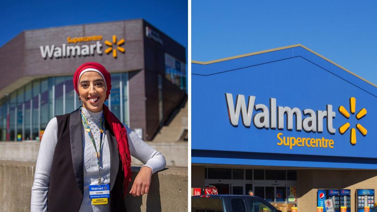 A woman working for Walmart. Right: Walmart Supercentre sign.