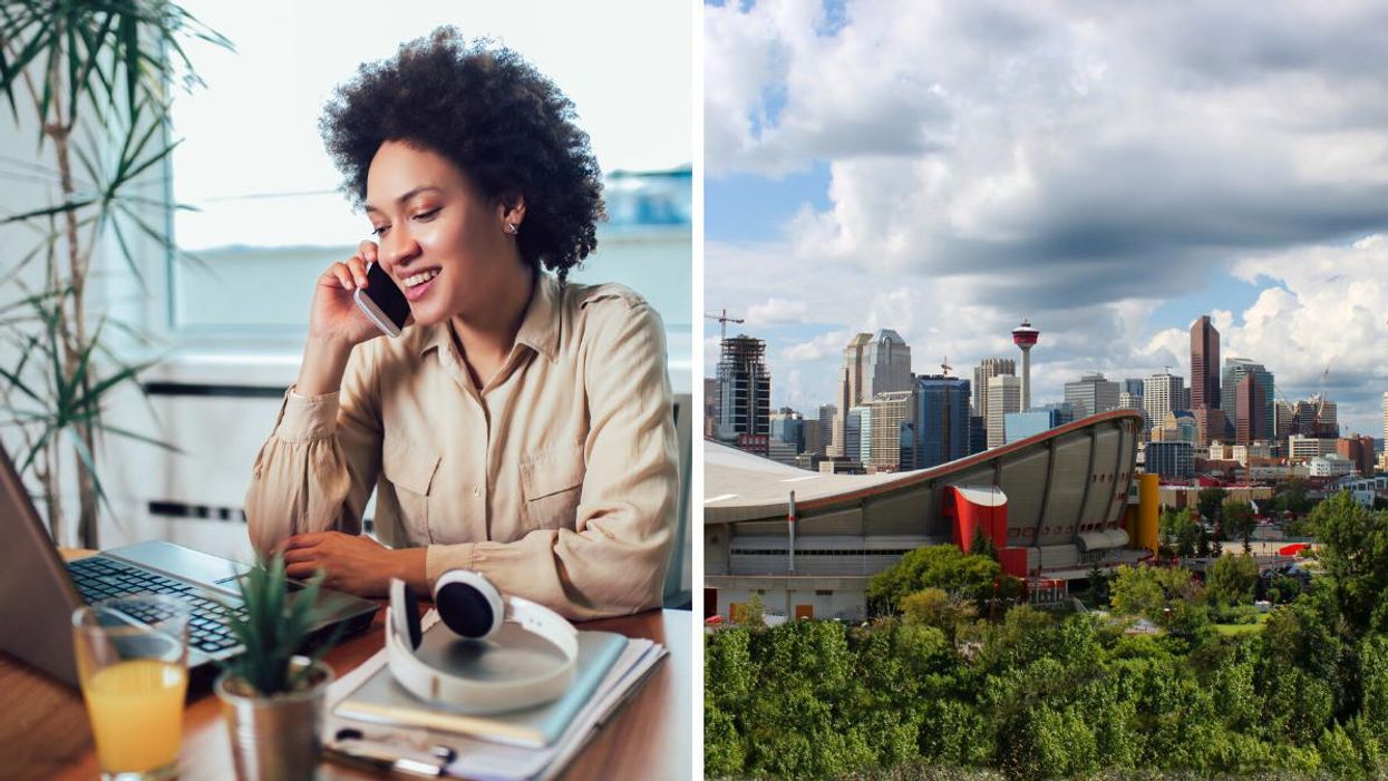 A woman working from home. Right: The City of Calgary skyline.