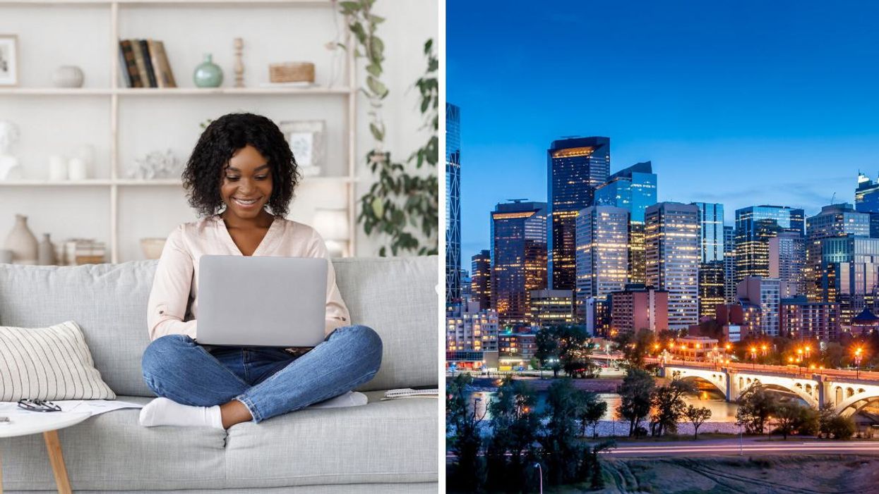 A woman working from home. Right: The city of Calgary.