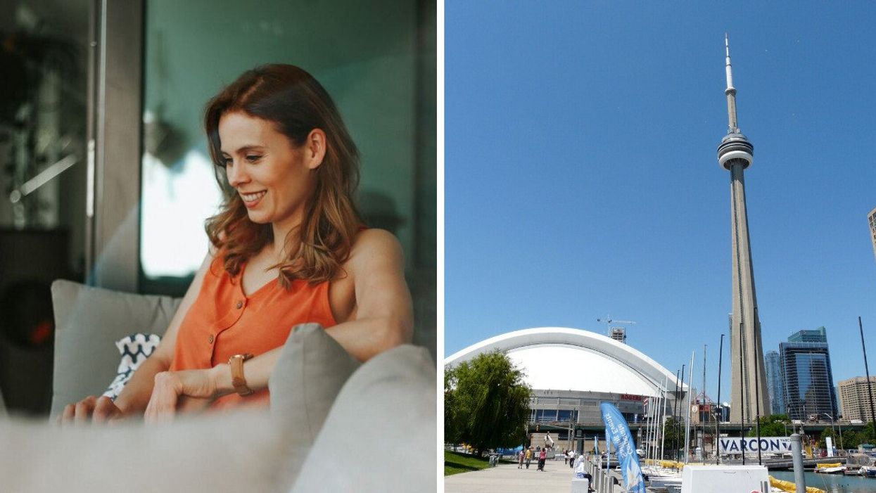 A woman working from home. Right: The CN Tower in Toronto
