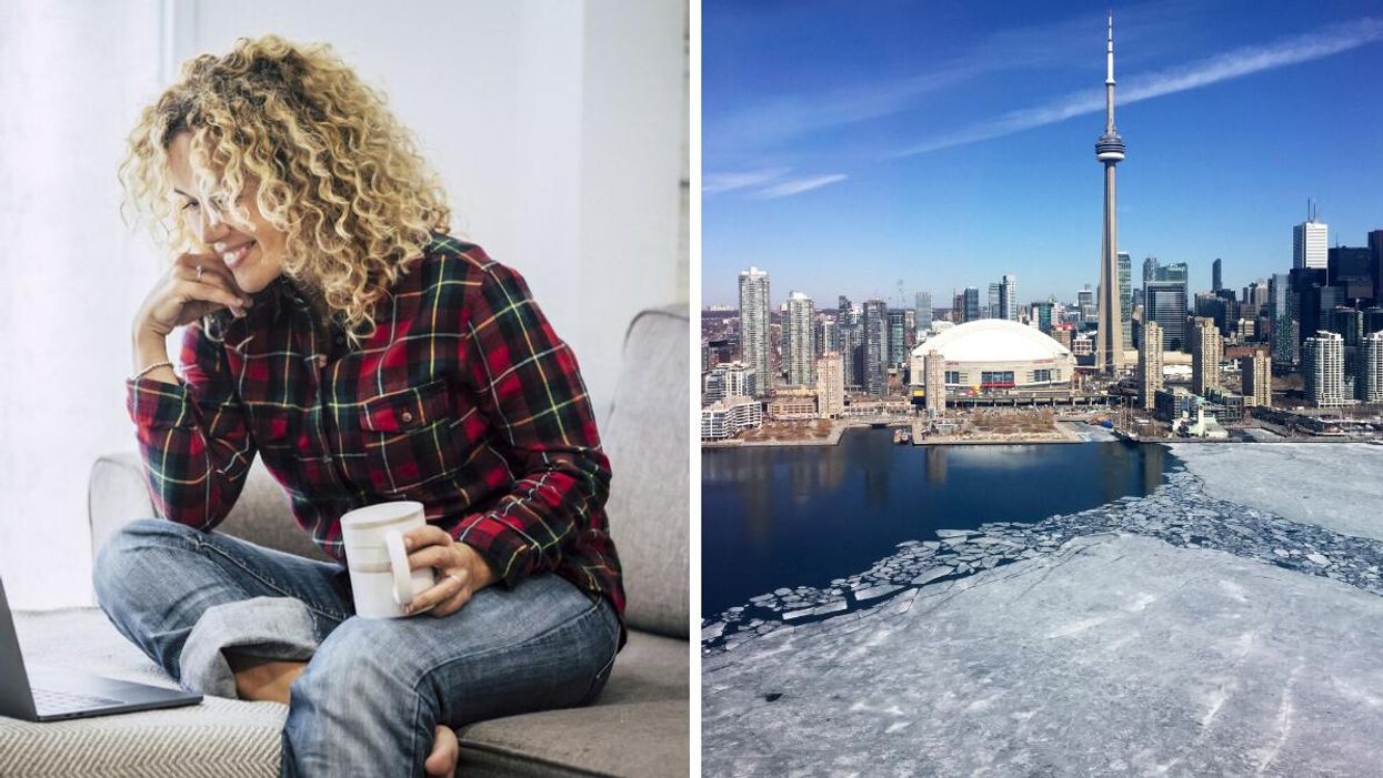 A woman working from home. Right: The CN tower