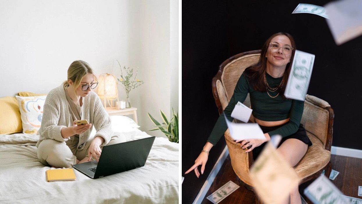 A woman working on a bed with a laptop. Right: Gabrielle Judge.