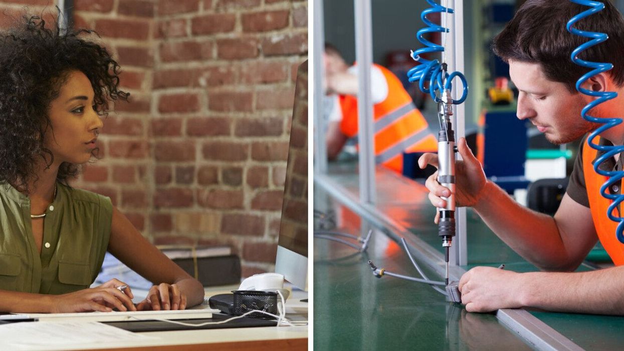 A woman working on a computer. Right: A man working in a production line.