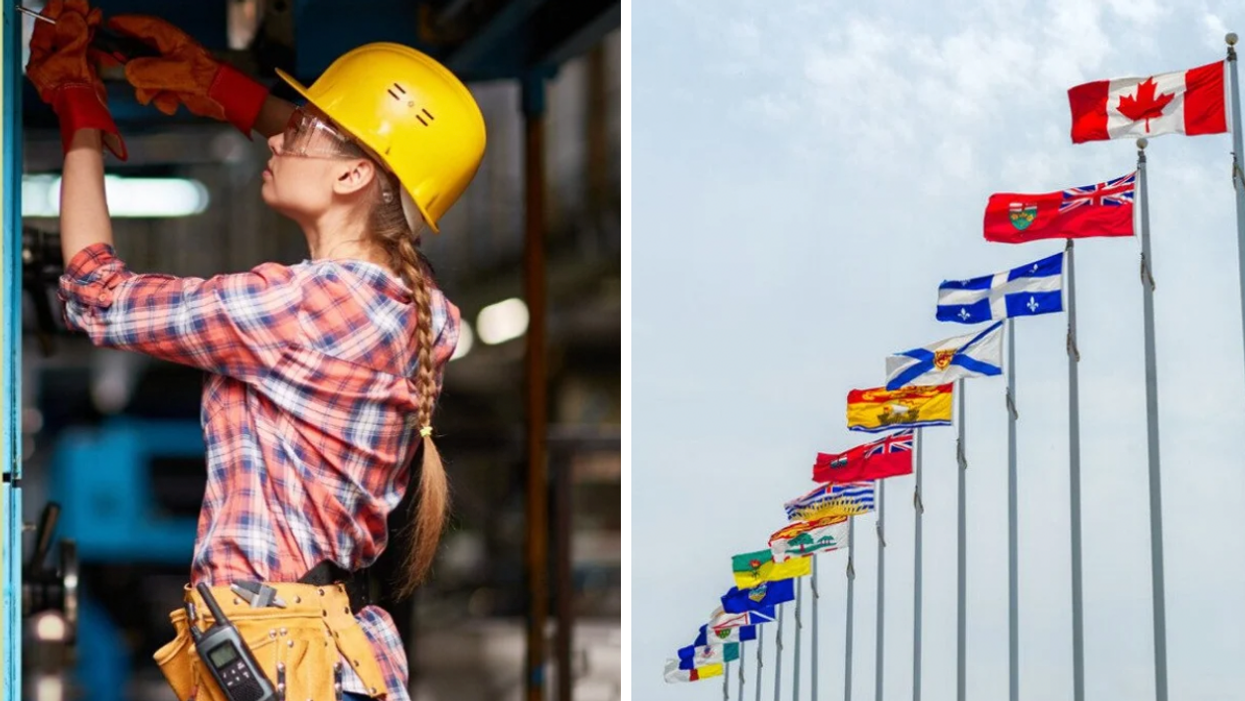 A woman working on a construction site. Right: Canada's provincial flags.