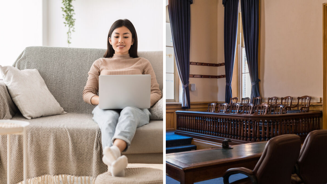 A woman working on a laptop. Right: A jury box.