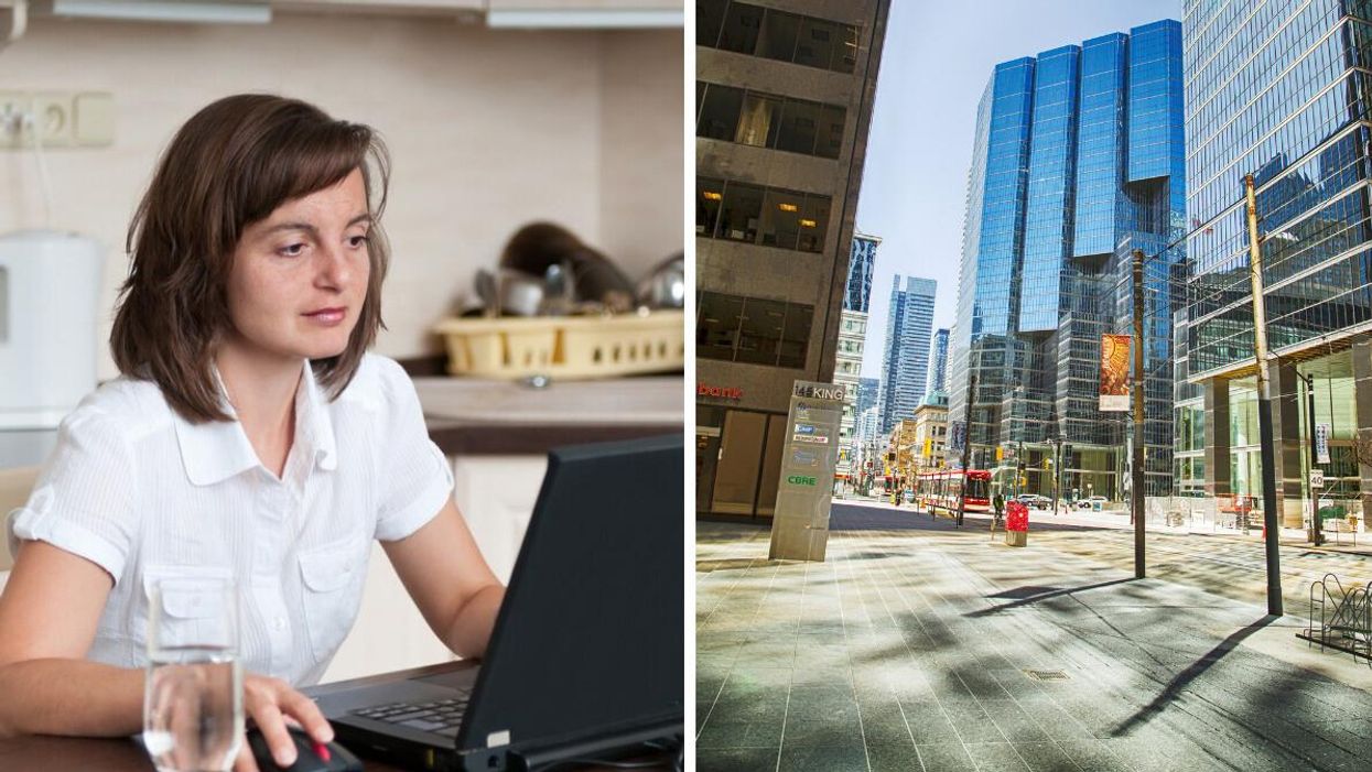 A woman working on a laptop. Right: A street in Toronto