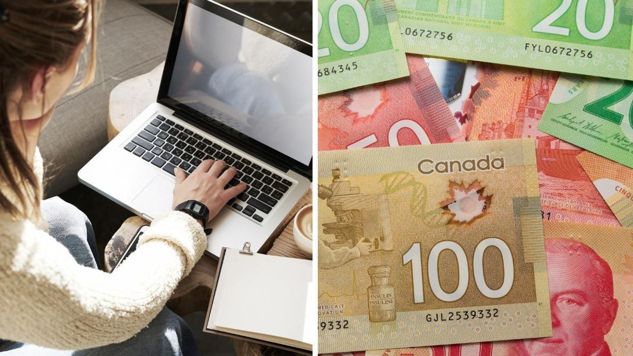 A woman working on a laptop. Right: Canadian currency.
