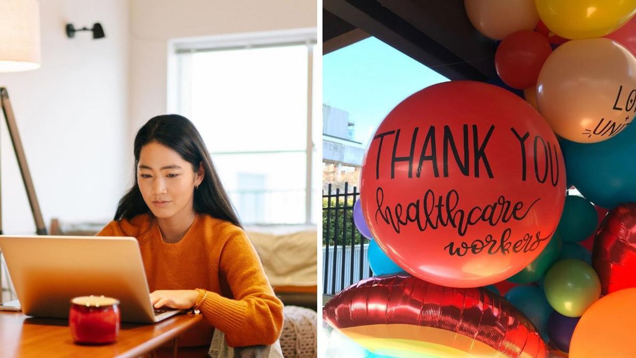 A woman working on her laptop. Right: Thank you balloons.