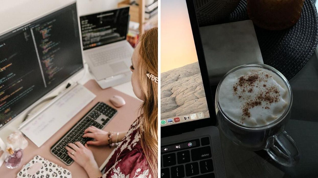 A woman working. Right: A laptop and coffee.
