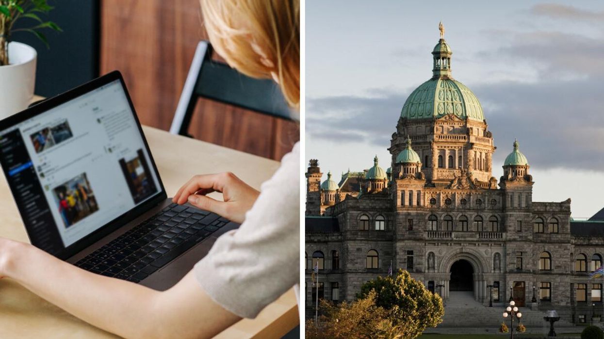 A woman working. Right: B.C. Parliament Building.
