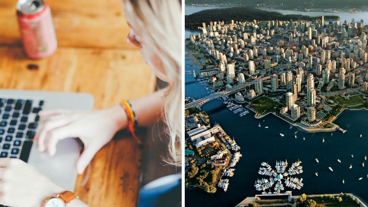 A woman working. Right: The city of Vancouver.