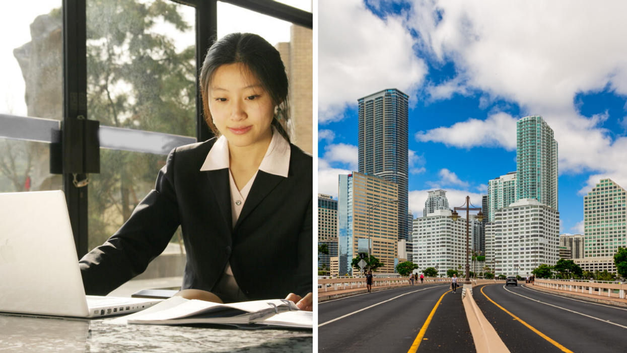 A woman working. Right: The Miami skyline.