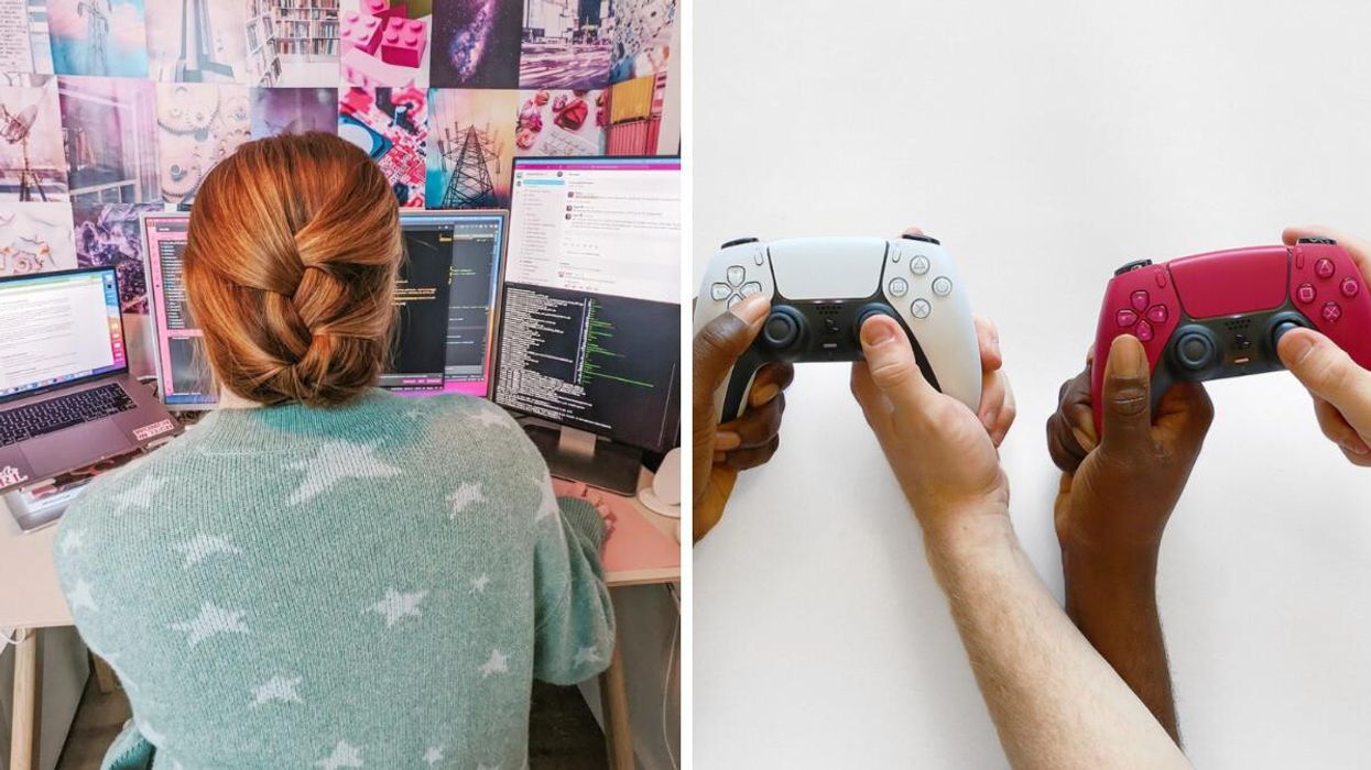 A woman working. Right: Video game controllers.