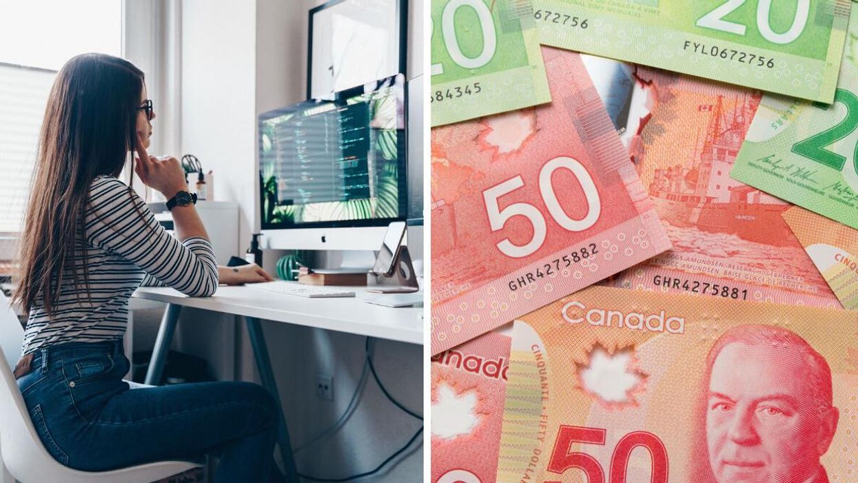 A woman works on a computer. Right: Canadian banknotes.