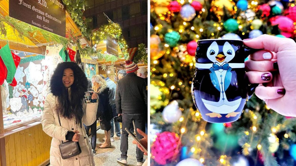 A women holding a mug during the Christkindlmarket in Illinois. Right: A mug from the Christkindlmarket.
