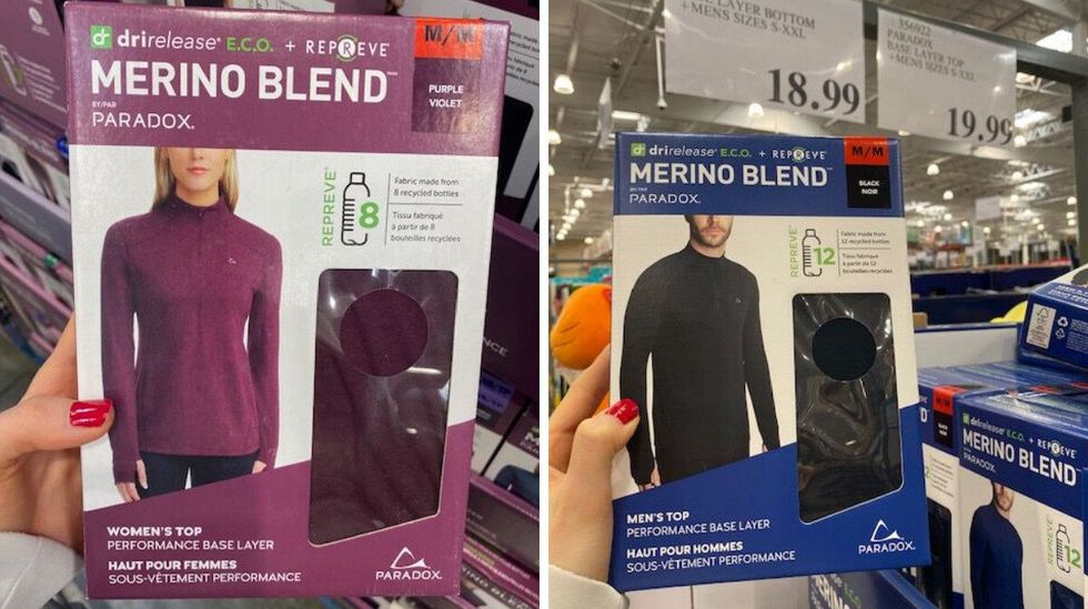 A women's merino blend base layer top inside of a box on display at Costco. Right: A men's merino blend base layer top inside of a box on display at Costco.