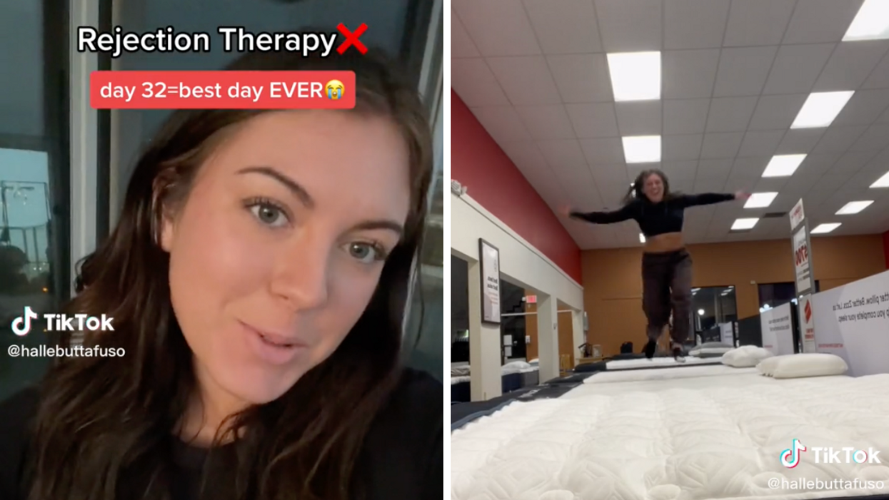 A women saying what she is about to do at the mattress store. Right: The woman re-creating the 'Elf' scene.