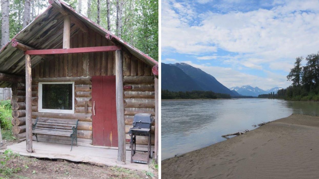 A wood cabin. Right: Taku River views.
