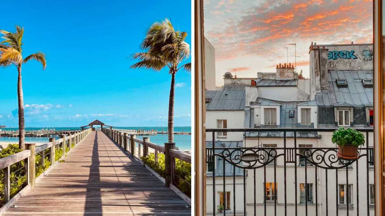 A wooden boardwalk lined with palm trees stretching out over turquoise water. Right: A Parisian rooftop view with wrought-iron balcony railings under a sunset sky.