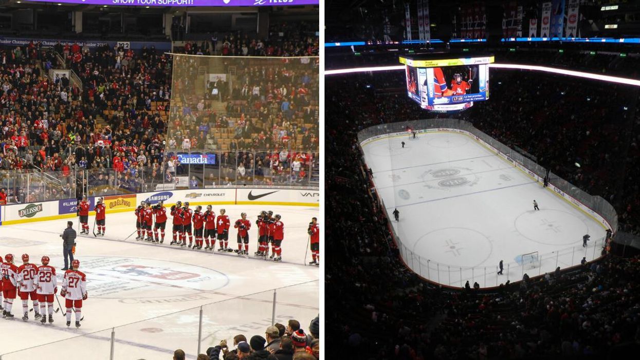 A World Juniors hockey game. Right: A hockey arena.