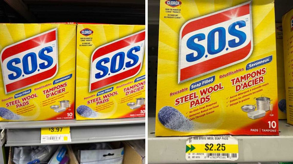 A yellow, blue and red box that says \u200bS.O.S reuseable soap filled steel wool pads on a store shelf. Right: A yellow, blue and red box that says \u200bS.O.S reuseable soap filled steel wool pads on a store shelf.
