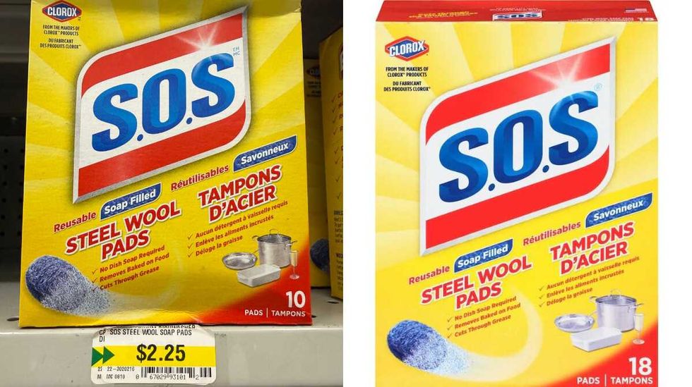 A yellow box with blue and red letters S.O.S. steel wool pads sitting on a store shelf. Right: A yellow box with blue and red letters S.O.S. steel wool pads.