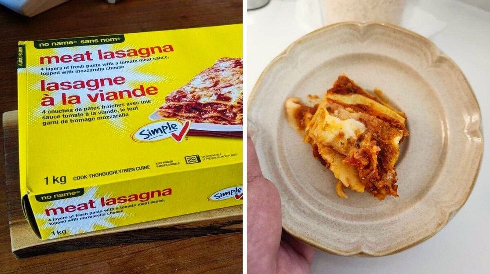 A yellow box with red writing on a brown wooden table. Right: A hand holding a small plate with lasagna on it.